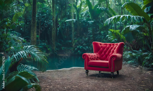 Mock-up portrays a red luxury classic armchair with gold elements standing in a picturesque tropical forest setting.