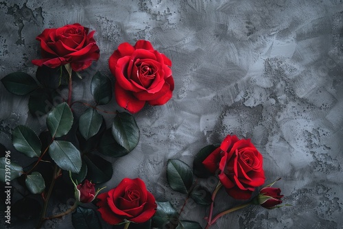 Beautiful red, fresh roses on a gray background