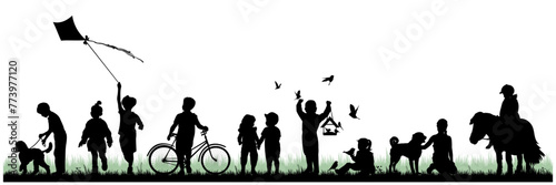 Children and pets silhouettes on white background. Little girls and boys playing outdoor. Vector illustration.	
