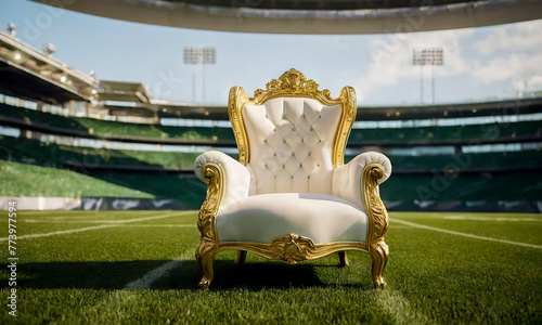 Mockup white luxury classic armchair with gold trim stands on stadium green field.  Event planners can draw inspiration from this image to create luxurious VIP seating areas at sports-themed events.