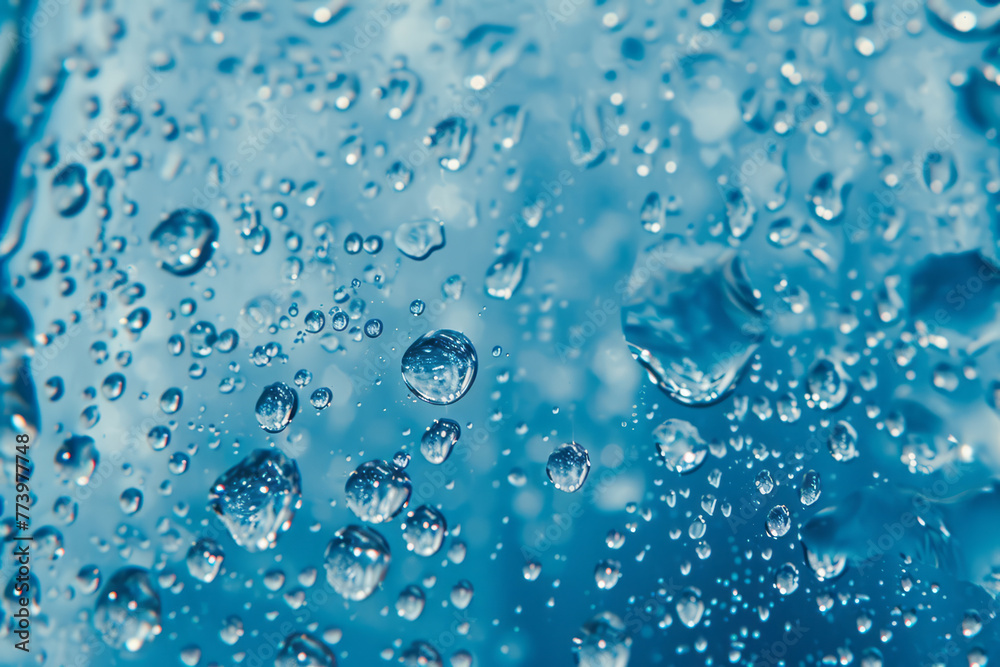 Close up view of numerous water droplets resting on a blue surface