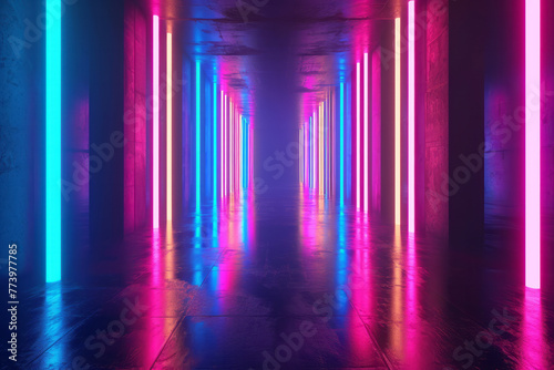 A long hallway illuminated by vibrant neon lights creating a striking visual effect