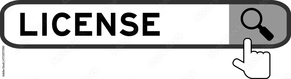 Search banner in word license with hand over magnifier icon on white background Search banner in word license with hand over magnifier icon on white background
