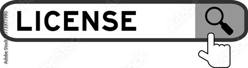 Search banner in word license with hand over magnifier icon on white background