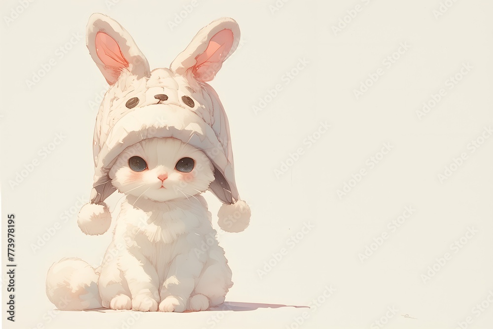 Obraz premium うさぎの帽子をかぶって座っている白い猫