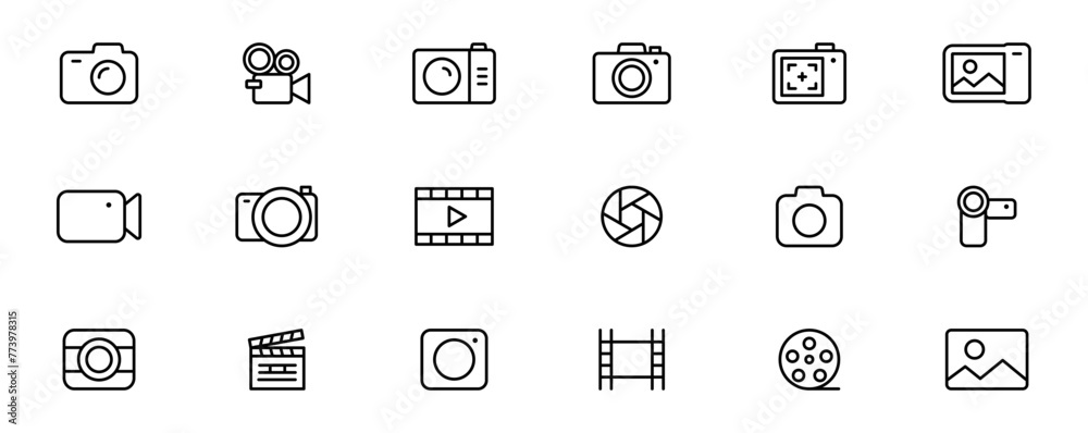 Camera line icon set. Photography icons. Multimedia outline icons - photo and video. Devices icons. Editable stroke. Vector illustration. Camera line icon set. Photography icons. Multimedia outline icons - photo and video. Devices icons. Editable stroke. Vector illustration.