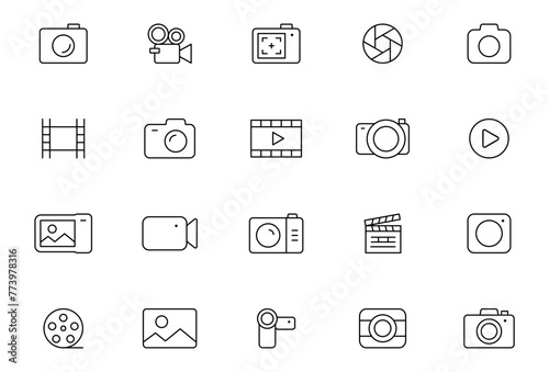 Camera line icon set. Photography icons. Multimedia outline icons - photo and video. Devices icons. Editable stroke. Vector illustration.