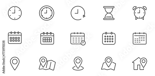 Time, date and address line icon set. Clock, calendar, location pin. Editable stroke. Vector illustration.