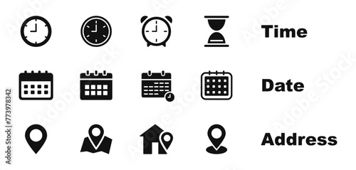 Time, date and address icon set. Clock, calendar, location pin. Vector illustration.