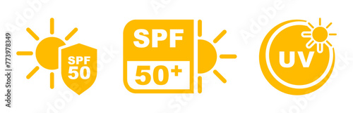 SPF 50 icon. UV protection. Sun protection for skin. UVA UVB protection. SPF icon for sunscreen or skin cosmetics packaging. Vector Illustration.