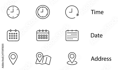 Time, date and address line icon set. Clock, calendar, location pin. Editable stroke. Vector illustration. photo