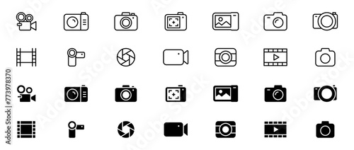 Camera icon set. Photography icons. Multimedia icons - photo and video. Devices icons. Vector illustration.