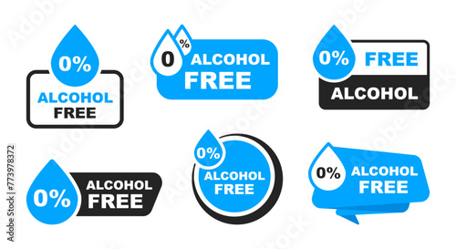 Alcohol free icon set. No alcohol logo. Zero percent alcohol symbol. Vector illustration.
