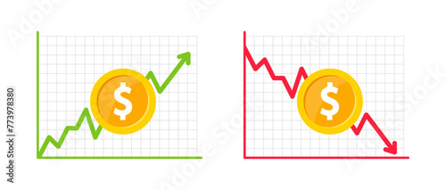 Financial profit and loss. Graph of growth and fall profit with with arrow up and down. Chart finance with increase and decrease. Vector illustration.