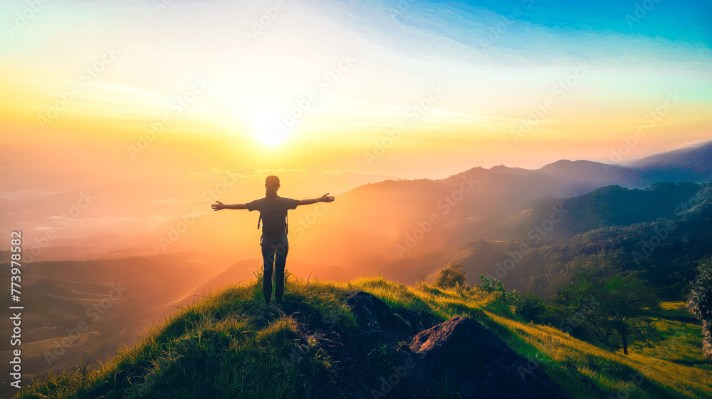 Woman standing on top of mountain with arms outstretched enjoying beautiful sunrise landscape view, freedom and happiness concept Woman standing on top of mountain with arms outstretched enjoying beautiful sunrise landscape view, freedom and happiness concept