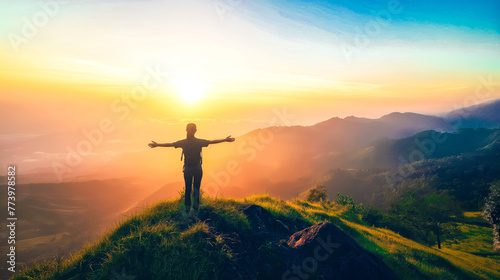 Woman standing on top of mountain with arms outstretched enjoying beautiful sunrise landscape view  freedom and happiness concept