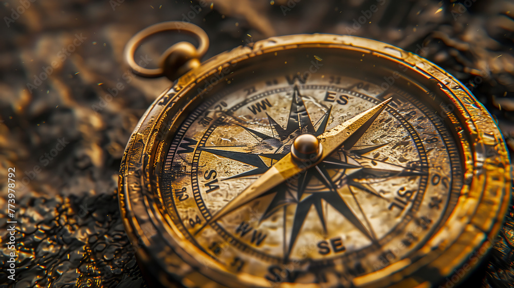 A close up of an antique compass on an old wooden table, pointing towards north with intricate details and golden metal surfaces.