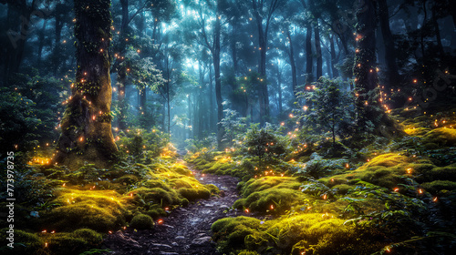 Beautiful fantasy forest with mossy trees and glowing fireflies at night. Magical landscape with a path through dense woodland, an enchanted nature background