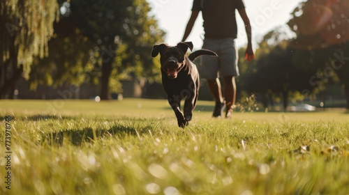 Dog running towards camera in sunny park. A playful black dog running on grass in a sunlit park with a person in the background, evoking joy and outdoor fun