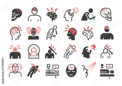 Traumatic brain injury icons. Head Injury Treatment. Symptoms. Vector signs for web graphics.