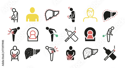 Cirrhosis line icons. Symptoms, Treatment. Vector signs for web graphics.