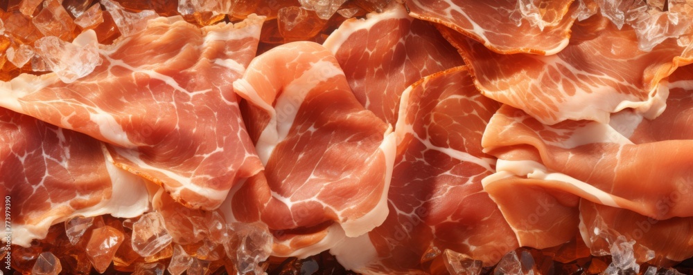 Top view of bacon macro texture, banner food concept. Generative Ai. Top view of bacon macro texture, banner food concept. Generative Ai.