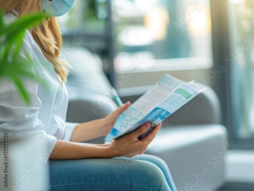 A person reading a brochure about oral health and hygiene in a waiting room