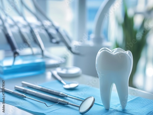 Dental tools with a tooth model in the background