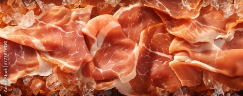 Top view of bacon macro texture, banner food concept. Generative Ai. © annamaria