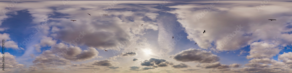360 hdri panorama in equirectangular format of blue skydome and haze clouds with flock of birds for use in 3d graphics or game development as skydome or edit drone shot or sky replacement