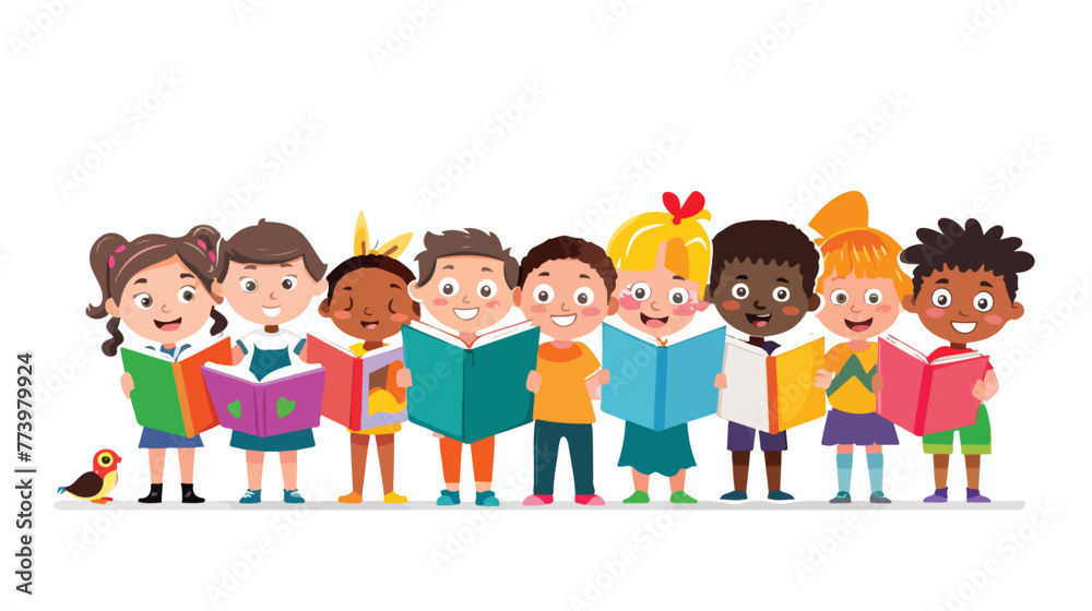 Group of cartoon children with big book flat vector isolated