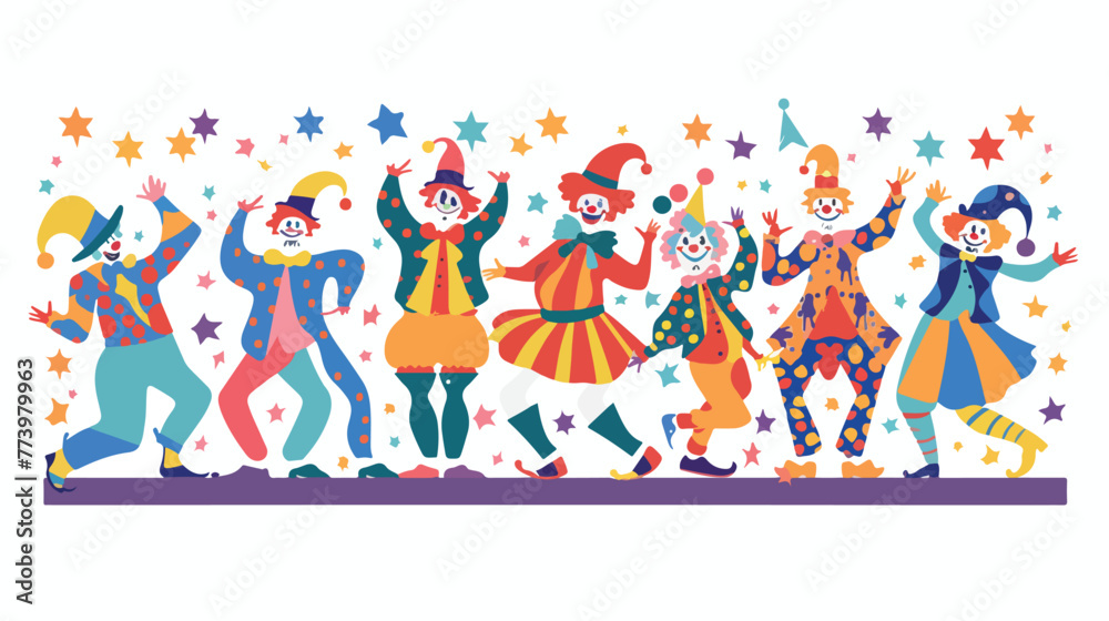 Group of clowns cartoon performing on stage flat vector