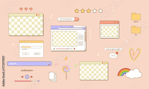 90s retro vaporwave aesthetics digital screen ui. Cute old computer ui elements, nostalgic pc icons and dialog boxes vector set. Illustration of computer screen 90s