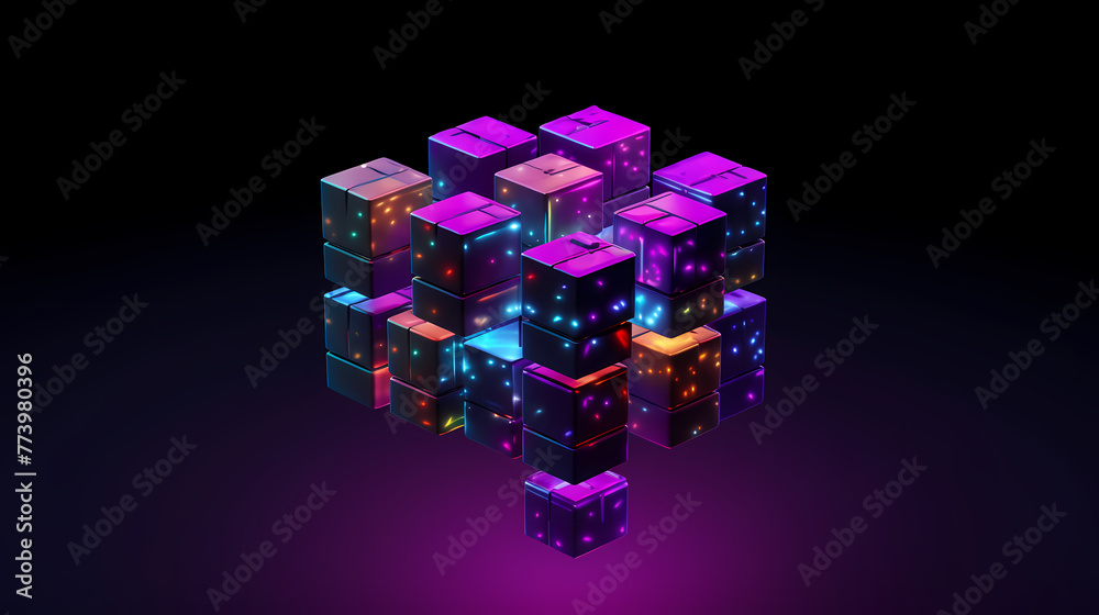 Glowing neon cube black background Glowing neon cube black background