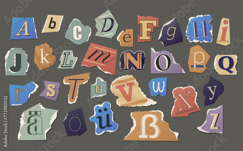 German alphabet. Printed letters from scraps of paper, magazines and newspapers. Vector isolated elements for collage or scrapbooking design.