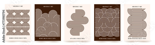 Set boho posters with line wavy arch in a modern abstract and mid century style. Collection of minimalistic zen art with geometric shapes. Vector illustration