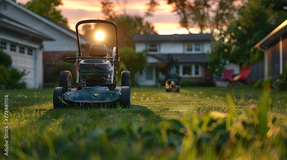 A gasoline lawn mower stands on the lawn near the house at sunset - obrazy, fototapety, plakaty 