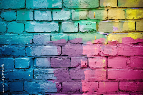 A brick wall painted with a vibrant rainbow mural