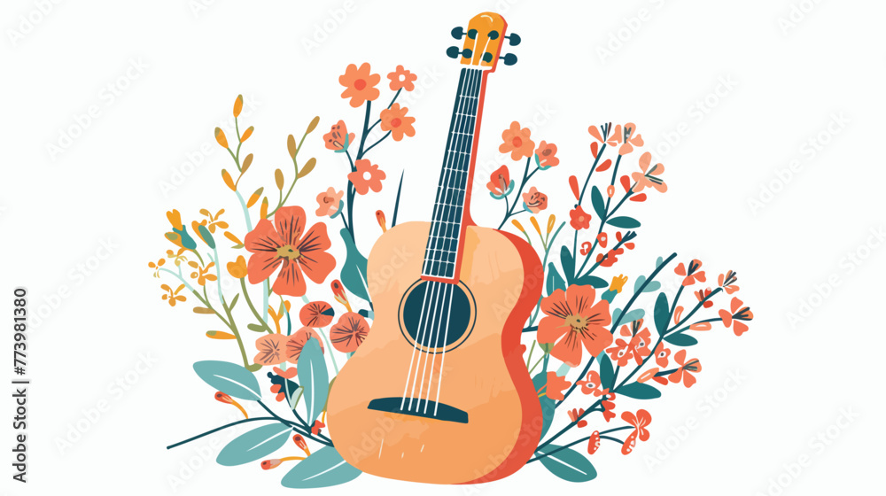 Hipster acoustic guitar with flowers flat vector isolated