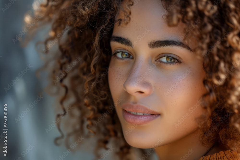 A close-up view of a woman with curly hair A close-up view of a woman with curly hair