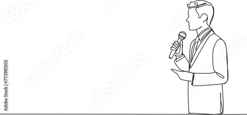 continuous single line drawing of speaker at business conference, line art vector illustration