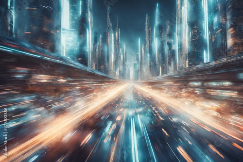 Motion blur photo of make me a realistic picture of a utopian futuristic city where humanity complements itself with artificial intelligence and technology 