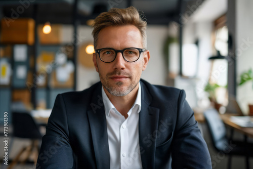 A man in a suit and glasses sits at a table  focused on his work