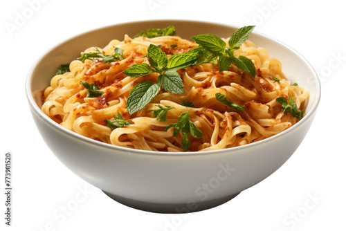 Spicy stir fried instant noodle with sliced chicken in bowl isolated white background