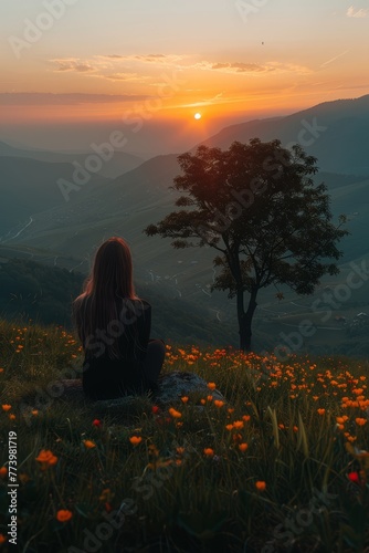 Solitary Contemplation at Sunrise Over a Flowering Valley.
