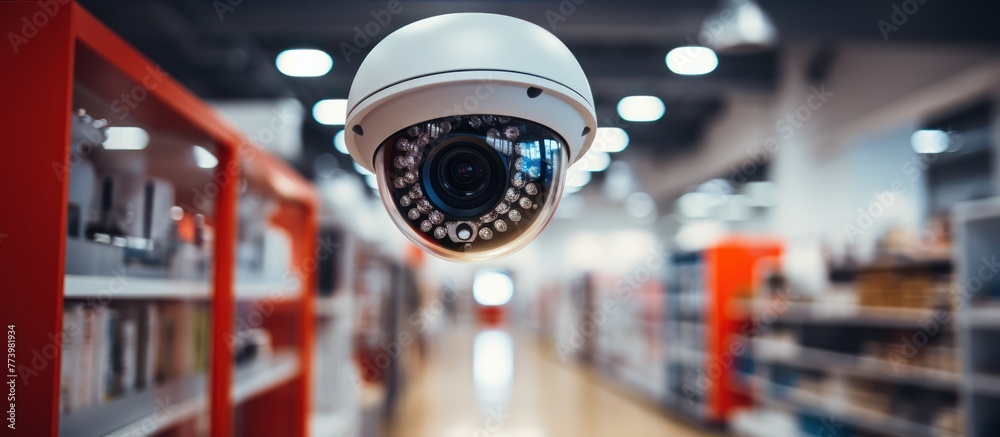 close up Security camera in top corner of shop with blurred background