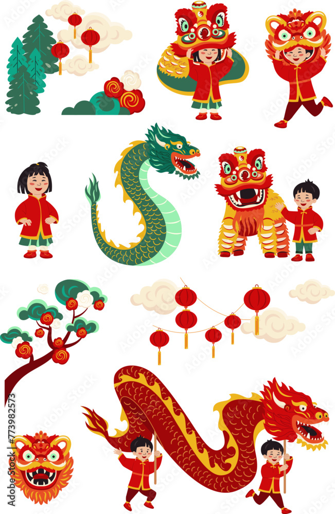 Chinese new year hand-drawn flat original set Chinese new year hand-drawn flat original set