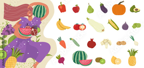 vegetables hand drawn flat icons with illustration