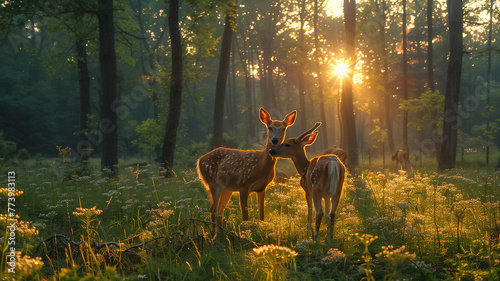Woodland Harmony: Deer in spring forest, bathed in warm sunlight, a serene illustration.
