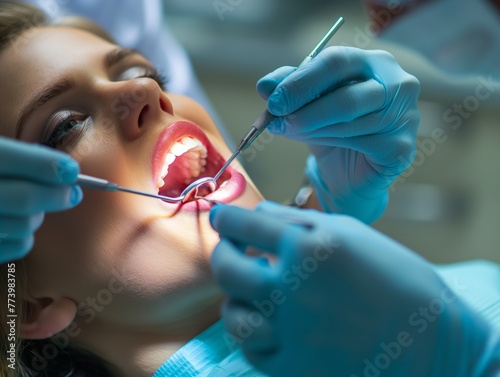 A dental hygienist cleaning a patient's teeth using professional tools